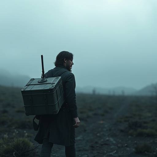 Screenshot from Death Stranding, featuring Norman Reedus carrying cargo across a desolate landscape